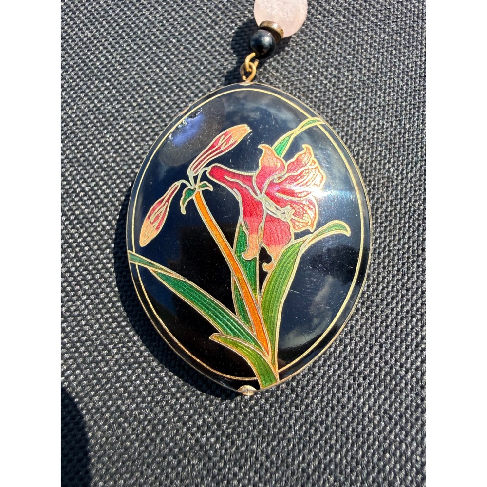 Vintage Necklace Pearl Rose Quartz Cloisonne Flower Pendant Womens Pink Cream - Picture 7 of 12
